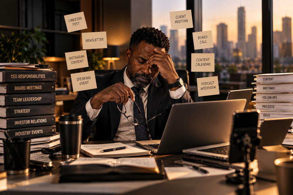 Overwhelmed professional managing multiple responsibilities, illustrating the exhausted expert and personal brand burnout.