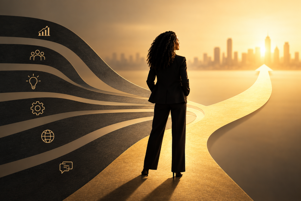 Personal brand positioning illustration showing diverse professional skills coming together around one clear career direction.